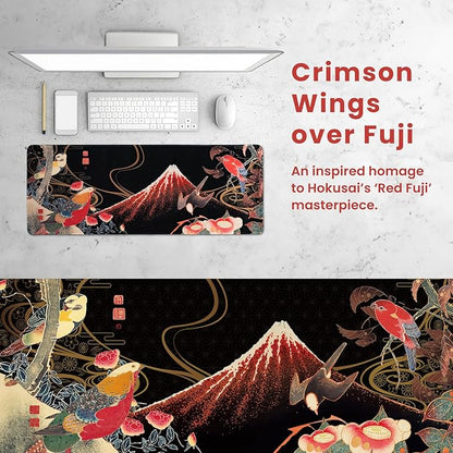 BELLEMOND Japanese Art Desk Mat | Large 31.5x11.8in Desk Pad | Mouse Pad for Keyboard & Mouse | Non-Slip Base, Water-Repellent, Smooth Precision | Crimson Wings Over Fuji