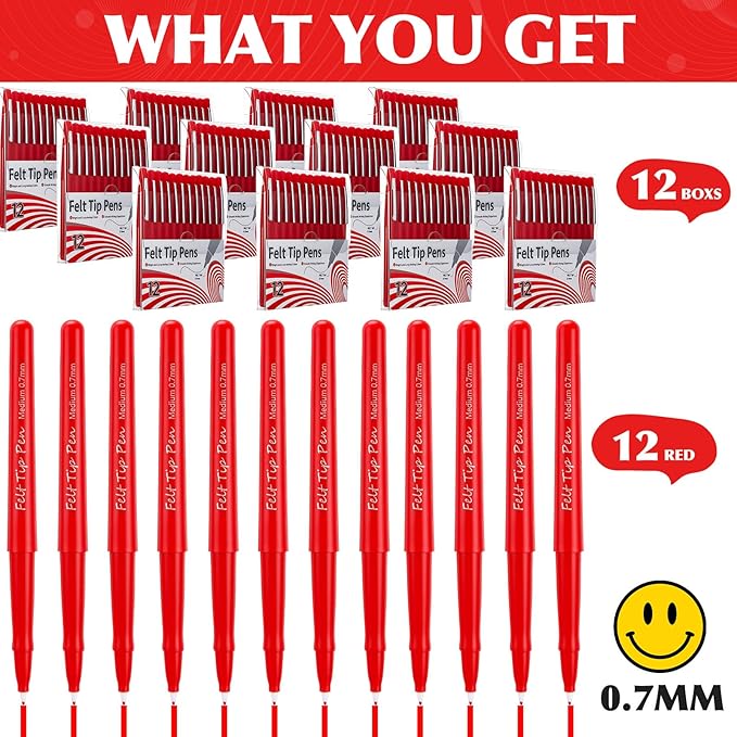 144 Pcs Red Felt Tip Pens 0.7mm Medium Point Pens Bulk, Felt Tip Markers for Journaling, Writing, Note Taking, Planner, Ideal for Office School Art Supplies Gift