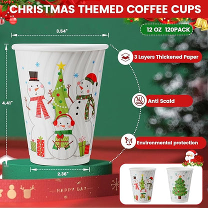 Lamosi 12 oz Christmas Coffee Cups Disposable 120 Pack, Insulated Corrugated Paper Cups 12 oz for Hot Beverage, Espresso, Coffee