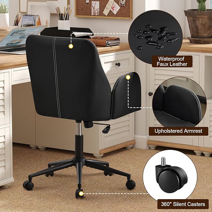 Furniliving Home Office Desk Chair, Ergonomic Leather Office Chair with Wheels, Comfortable Rolling Task Chair Adjustable Height, Black
