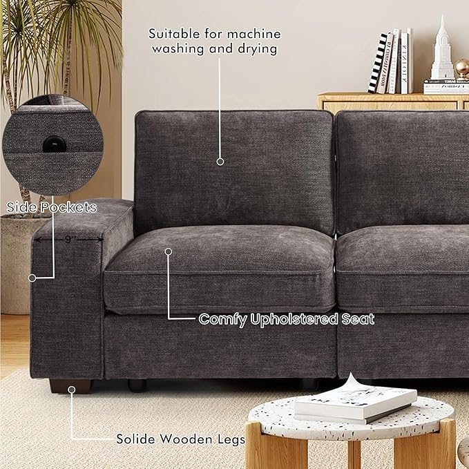 TEKAMON 100" Modular Sectional Sofa with Seats Storage, U Shaped Couch with Movable Ottomans, Chenille Fabric Couch for Living Room, USB Port,Removable Cover(DKGrey, 3 Seater & 2 Ottomans-U Shape)