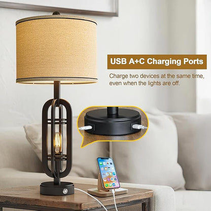 27.25'' Table Lamps Set of 2 for Living Room Bedroom Industrial Farmhouse Metal Touch Lamps with USB A+C Ports, Night Light Vintage Nightstand Bedside Lamp, Bulbs Included, Black