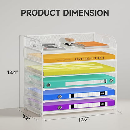 6 Tier Paper Organizer with Handle, Metal Desk Organizer Mesh Paper Letter Tray Desktop File Folder Document Sorter for Classroom, School, Office Accessories Organization and Storage - White