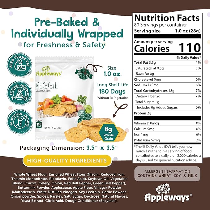 Veggie Crispy Crackers, All-Natural Individually Wrapped Whole Grain Healthy & Crispy Vegetable Crackers, Made in USA, 108 Count, 1.0 Oz by Appleways