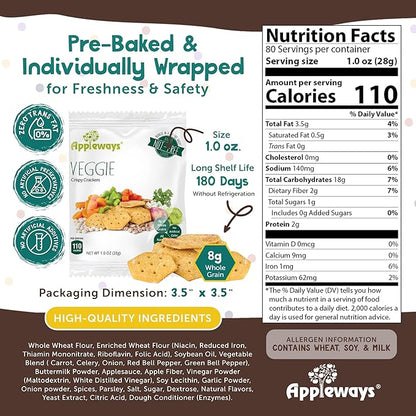 Veggie Crispy Crackers, All-Natural Individually Wrapped Whole Grain Healthy & Crispy Vegetable Crackers, Made in USA, 108 Count, 1.0 Oz by Appleways