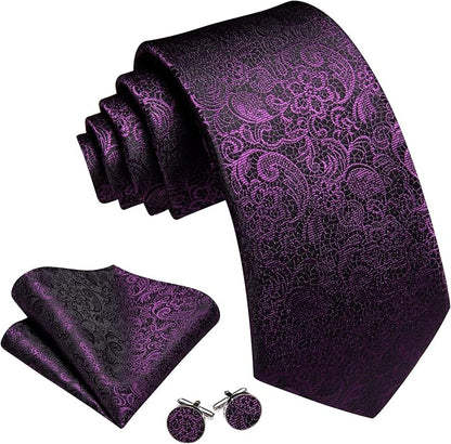 Barry.Wang Tie Sets for Men Silk Solid Necktie Stain Ties Handkerchief Pocket Square Cufflinks Wedding Business Dyed