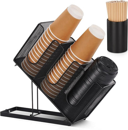 Disposable Coffee Cup Holder for Countertop, Paper Cup and Lid Holder Dispenser with Straw Organizer for Coffee Station Bar Restaurant Breakroom Office, Black