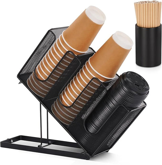 Disposable Coffee Cup Holder for Countertop, Paper Cup and Lid Holder Dispenser with Straw Organizer for Coffee Station Bar Restaurant Breakroom Office, Black