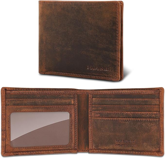 Genuine Leather Bifold Mens Wallet RFID Blocking 5 Credit Card Slots 1 ID Window 2 Sections for Bills 2 Additional Slots | Brown