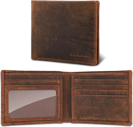Genuine Leather Bifold Mens Wallet RFID Blocking 5 Credit Card Slots 1 ID Window 2 Sections for Bills 2 Additional Slots | Brown