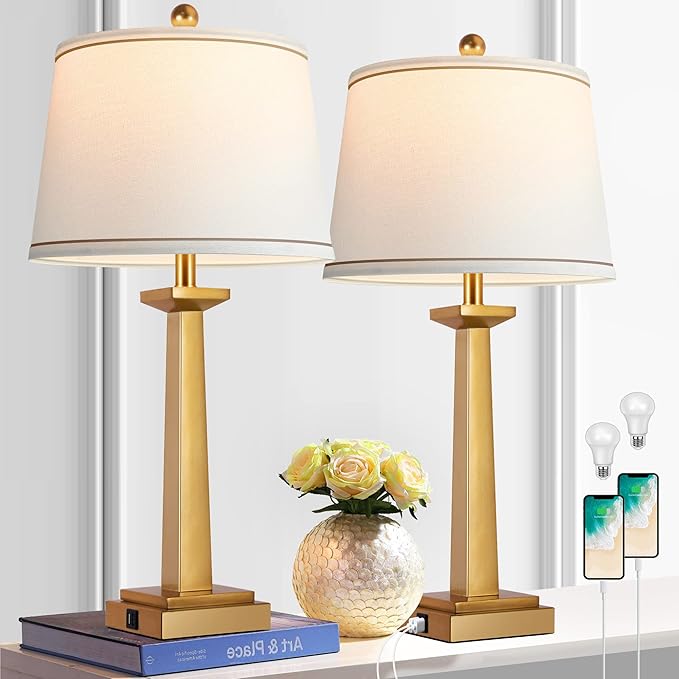 ROTTOGOON 29" Gold Table Lamps with 2 USB Charging Ports, 3-Color Temperature Nightstand Modern Lamps with Rotary Switch, Resin Brass Tall Lamp for Living Room Bedroom Home Office (LED Bulb Included)