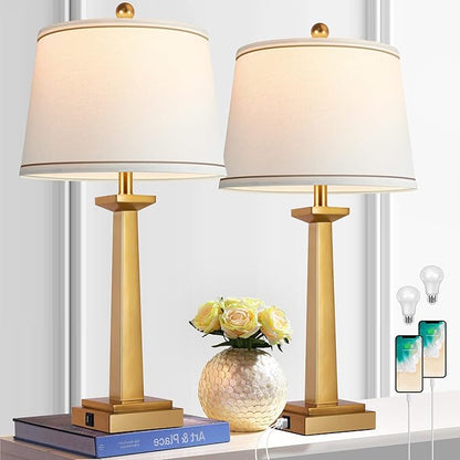 ROTTOGOON 29" Gold Table Lamps with 2 USB Charging Ports, 3-Color Temperature Nightstand Modern Lamps with Rotary Switch, Resin Brass Tall Lamp for Living Room Bedroom Home Office (LED Bulb Included)