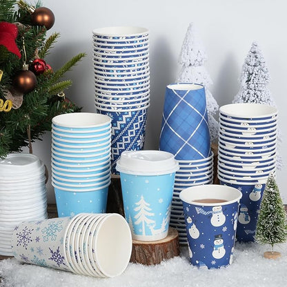 100 Set Christmas Coffee Paper Cups with Lids 12oz, Bulk Disposable Winter Coffee Cups, 5 Styles Xmas Holiday Cups for Hot Chocolate Cold Drinks Christmas New Year Winter Party Supplies Decorations
