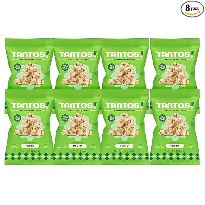 Tantos! Puffed Pasta Chips, Healthy Pasta Snack by Top Chef Joe Sasto, As Seen on Shark Tank, Plant Based, Low Calorie, Crunchy Chips, Variety Pack, Marinara, Pesto, Cacio e Pepe, Classico, Gourmet Bold Flavors, 1 oz 8 Pack of Pesto