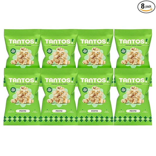 Tantos! Puffed Pasta Chips, Healthy Pasta Snack by Top Chef Joe Sasto, As Seen on Shark Tank, Plant Based, Low Calorie, Crunchy Chips, Variety Pack, Marinara, Pesto, Cacio e Pepe, Classico, Gourmet Bold Flavors, 1 oz 8 Pack of Pesto