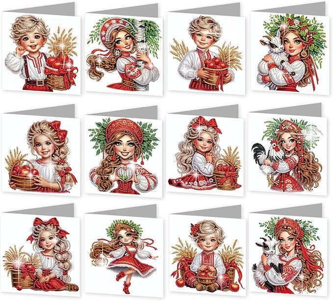 jinglinhh 12pcs Diamond Art Painting Boys and Girl in Red Greeting Cards with Envelopes, DIY Card Making Kits for Adults, Diamond Art Christmas Cards for Birthday Holiday Postcards Craft Gifts