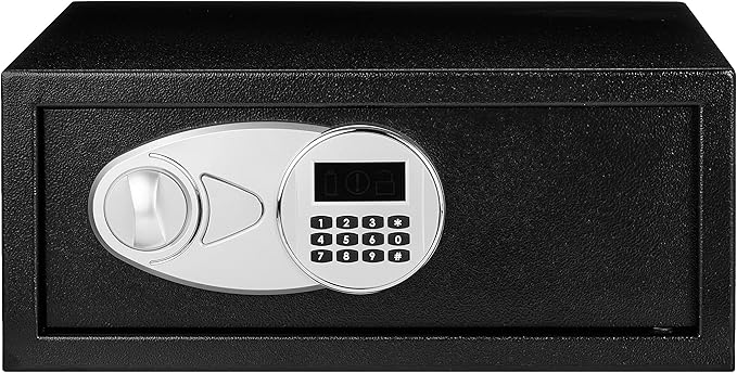 Amazon Basics Steel Security Safe and Lock Box with Programmable Electronic Keypad, Secure for Cash, Jewelry, Documents, Black, 0.7 Cubic Feet, 16.9-x-14.6-x-7.1-inches (WxDxH)