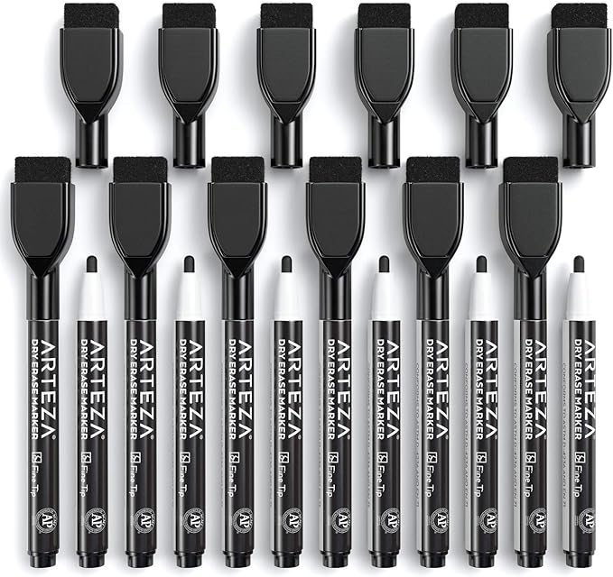 ARTEZA Black Dry Erase Markers with Erasers – Pack of 36 Magnetic Fine Tip Whiteboard Pens with Low-Odor Ink for School, Office & Home Use