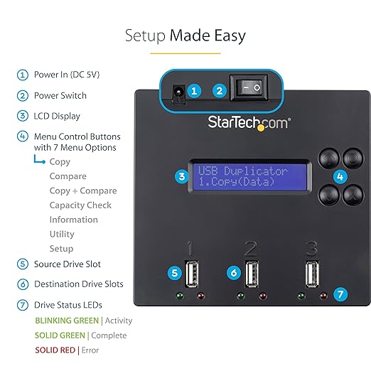 StarTech.com Standalone 1 to 2 USB Flash Drive Duplicator / Cloner / Eraser, Multiple USB Thumb Drive Copier / Sanitizer, System File / Sector-by-Sector Copy, 1.5 GB/min, 3-Pass Erase, LCD, TAA