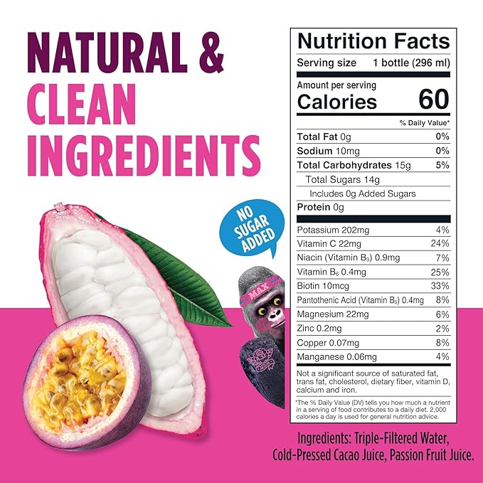 Blue Stripes Cacao Water - Cold Pressed Superfruit Hydration with Electrolytes & Antioxidants, No Sugar Added, All Natural, Great for Protein Shakes & Smoothies - Passion Fruit, 6 Pack