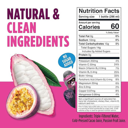 Blue Stripes Cacao Water - Cold Pressed Superfruit Hydration with Electrolytes & Antioxidants, No Sugar Added, All Natural, Great for Protein Shakes & Smoothies - Passion Fruit, 6 Pack