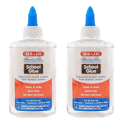 BAZIC Products Washable Clear School Glue 5 Oz. (147 mL), Liquid Clear Glues Adhesive, for Making Slime Art Crafts at School Home Office, 2-Pack