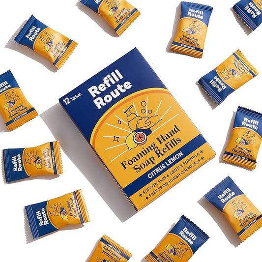 Foaming Hand Soap Refill Tablets 12 Pcs - Makes 96 fl oz Total (12x 8 fl oz) - Cleansing, Moisturizing, Vegan, No Plastic - for Foaming Dispenser Only (Not Included) - Citrus Lemon
