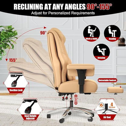 600lbs Big and Tall Office Chair - Wide Ergonomic Leather Executive Chair with Footrest, Lumbar Support & Swivel Wheels (Brown)