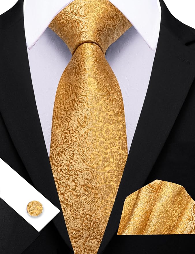 Barry.Wang Tie Sets for Men Silk Solid Necktie Stain Ties Handkerchief Pocket Square Cufflinks Wedding Business Dyed