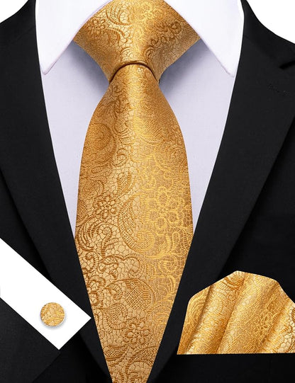 Barry.Wang Tie Sets for Men Silk Solid Necktie Stain Ties Handkerchief Pocket Square Cufflinks Wedding Business Dyed