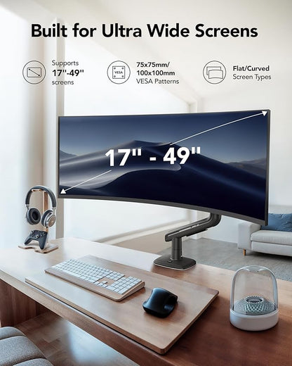 HUANUO TitanLift™ Heavy Duty Monitor Arm for Ultrawide Screens up to 49", Holds 40 lbs, Aluminum Ultrawide Screen Desk Mount, Fully Adjustable Single Monitor Mount with Dual C-Clamp, Max VESA 100x100