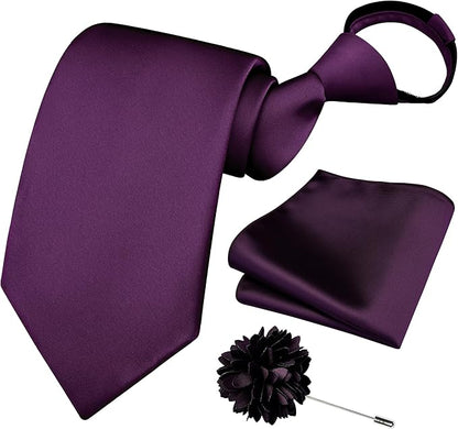 Branduce 3.15"（8cm） Pre-tied Adjustable Zipper Tie and Lapel Pin Solid Necktie Handkerchief Set for Men