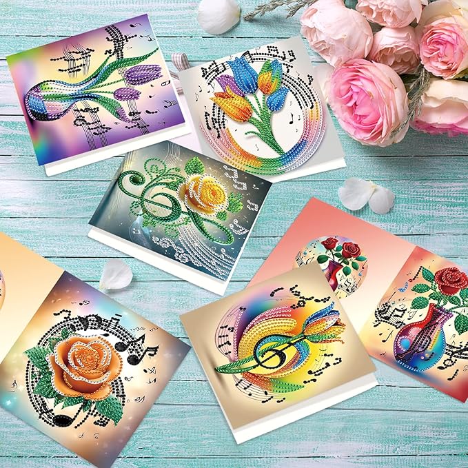 jinglinhh 12pcs Diamond Art Painting Romantic Rose Tulip Flower Bouquet Musical Notes Greeting Cards with Envelopes, DIY Card Making Kits for Adults, Diamond Art Postcards Christmas Cards Craft Gifts