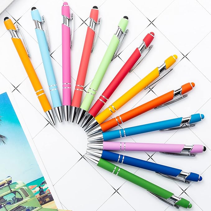 PASISIBICK 12 Pieces Rainbow Rubberized Soft Touch Ballpoint Pen with Stylus Tip, Stylish, Premium Metal Pen, Black Ink, Medium Point(Pack of 12)