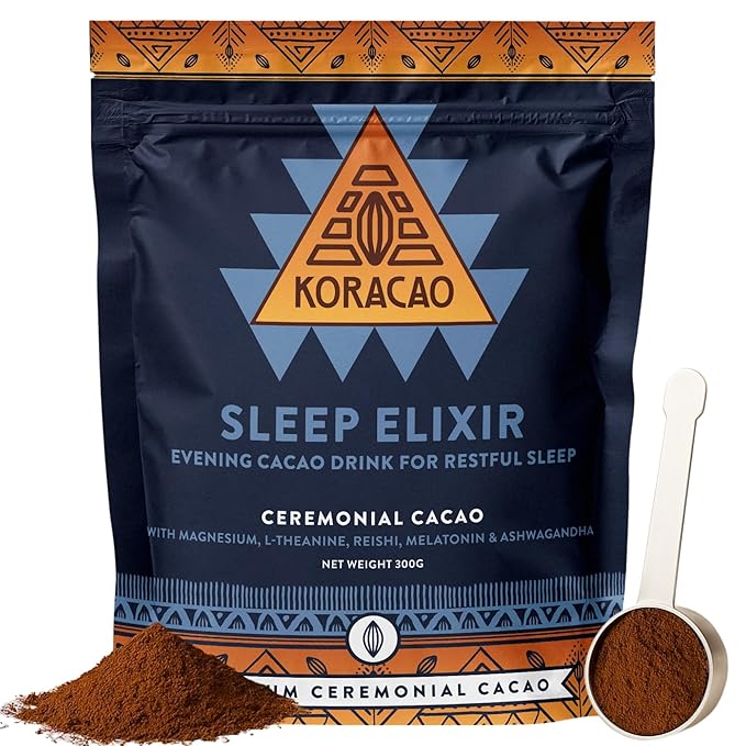 KORACAO Sleep Elixir Cacao Blend – Ceremonial-Grade Cocoa Drink with Magnesium, L-Theanine, Reishi, Melatonin & Ashwagandha – 300g (30 Servings) for Relaxation & Restful Sleep