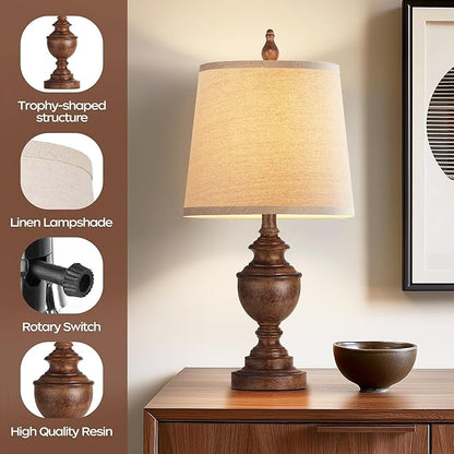 PARTPHONER Retro Table Lamps Set of 2, Bedside Lamp for Bedroom Rustic Farmhouse Table Lamps for Living Room, Vintage Nightstand Lamps with White Shades, Wood Grain