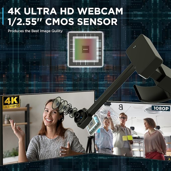 4K Webcam for PC with Remote Control, Ultra HD 1/2.55'' Sensor, Autofocus, 10x Digital Zoom, Low Light Performance, Streaming Webcam for PC/Video Calling/Zoom/Skype/Teams