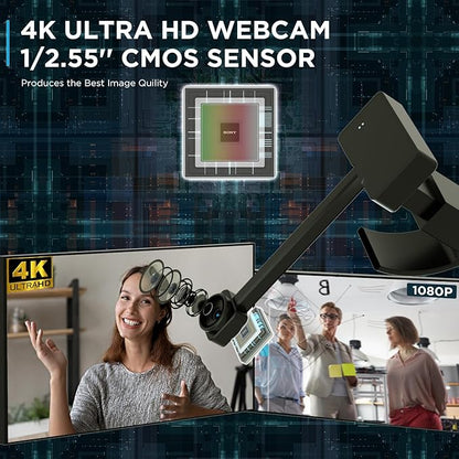 4K Webcam for PC with Remote Control, Ultra HD 1/2.55'' Sensor, Autofocus, 10x Digital Zoom, Low Light Performance, Streaming Webcam for PC/Video Calling/Zoom/Skype/Teams