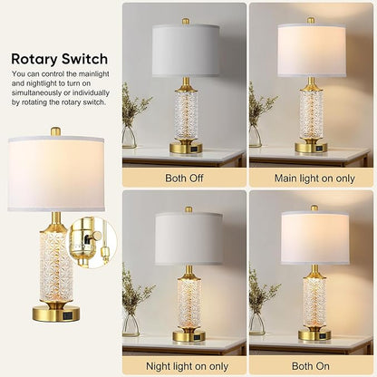 QiMH Set of 2 Table Lamps with USB A+C Ports, Modern Bedside Lamp with LED Night Light, Bedside Lamp for Bedroom, Nightstand Lamps for Living Room Office (Gold)(2 Bulbs Include)