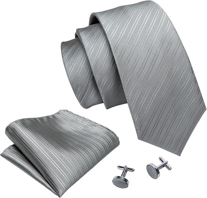 Barry.Wang Tie Sets for Men Silk Solid Necktie Stain Ties Handkerchief Pocket Square Cufflinks Wedding Business Dyed