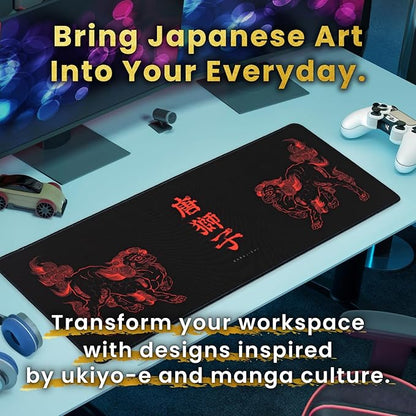 BELLEMOND Japanese Art Desk Mat | Large 31.5x11.8in Desk Pad | Mouse Pad for Keyboard & Mouse | Non-Slip Base, Water-Repellent, Smooth Precision | Kara-jishi - Twin Lions