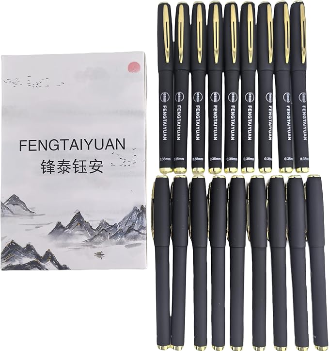 Fengtaiyuan 038P18, Black Gel Ink Rollerball Pens - Comfortable Non-Slip Grip, Black Ink, Ultra Fine, 0.38mm, Quick-Drying Ink, 18-Piece Box (038P18)