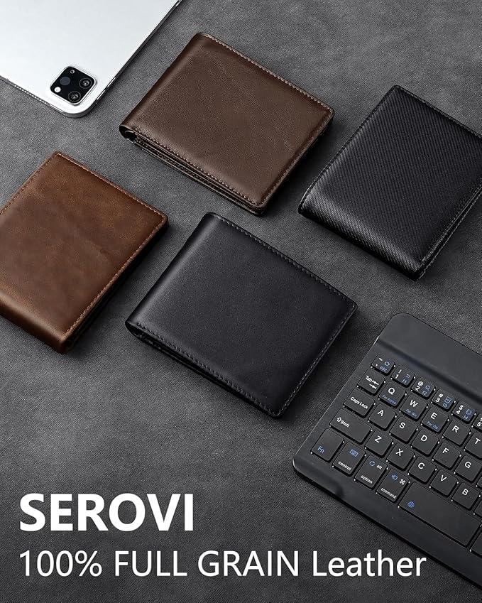 Leather Wallet for Men Bifold RFID Blocking Wallets with 12 Card Slots, 2ID Window & 2 Cash Pocket - Includes Gift Box(Modern Black)