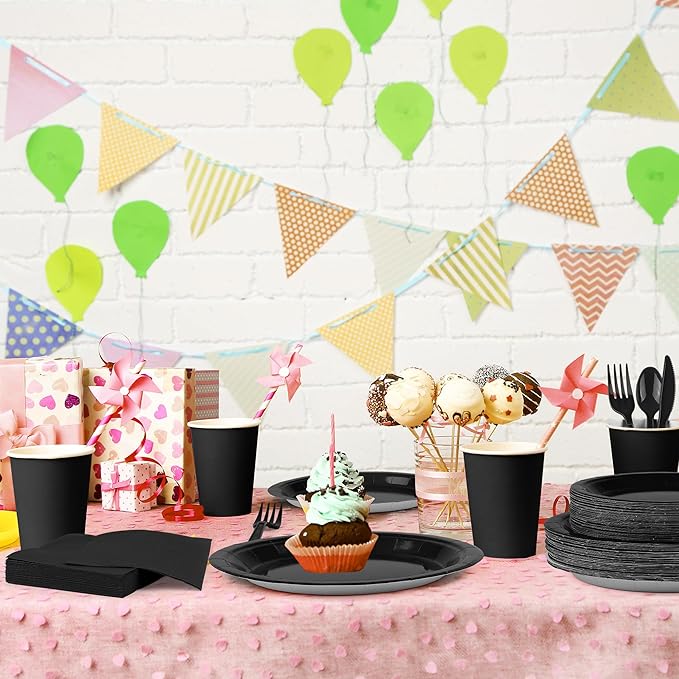 durony 350 Pieces Black Paper Dinnerware Set 7 Inch 9 Inch Disposable Dinner Plates Serve 50 Guests Paper Cup Cutlery Napkins Solid Color Party Supplies for Birthday Wedding Party Family Picnic