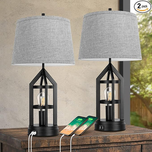 BesLowe 2-Light Farmhouse Rustic Touch Table Lamps Grey, 3-Way Dimmable Bedside Lamps with 2 USB Ports for Bedroom, End Table Lamps for Living Room with Gray Shades, 4 LED Bulbs Included, Set of 2