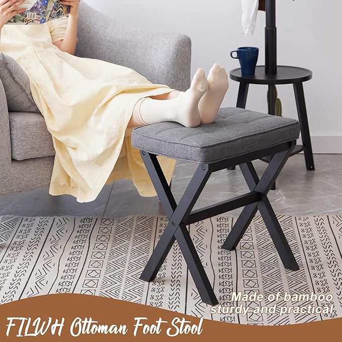 FILWH Bamboo Foot Rest Ottoman - Small Padded Desk Foot Stool for Office & Vanity - Black Legs + Gray