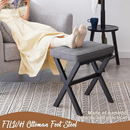 FILWH Bamboo Foot Rest Ottoman - Small Padded Desk Foot Stool for Office & Vanity - Black Legs + Gray