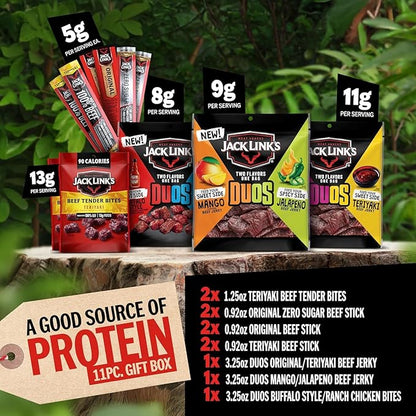 Jack Link’s DUOs Gift Box – Includes Beef Jerky, Chicken & Tender Bites, & Sticks, Great Protein Gifts for Dad, Men or Meat Lovers, Ideal for Holidays & More – 11-Piece Beast Snack Variety Pack