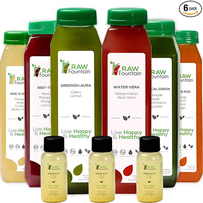 1 Day Juice Cleanse by Raw Fountain, Tropical Flavors, All Natural Raw, Cold Pressed Fruit and Vegetable Juices, Detox Cleanse, 6 Bottles 12oz, 3 Bonus Ginger Shots