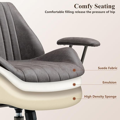Mid Century Modren Office Chair,Mid Back Ergonomic Executive Chair with Lumbar Support, Computer Desk Swivel Task Chair with Wheels, Faux Lether Suede Fabric Home Chair, Grey